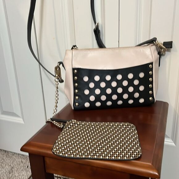 Vintage Blush Pink/Tan Black Crossbody Gold Metal Geo Wristlet Bag Purse - Picture 1 of 13